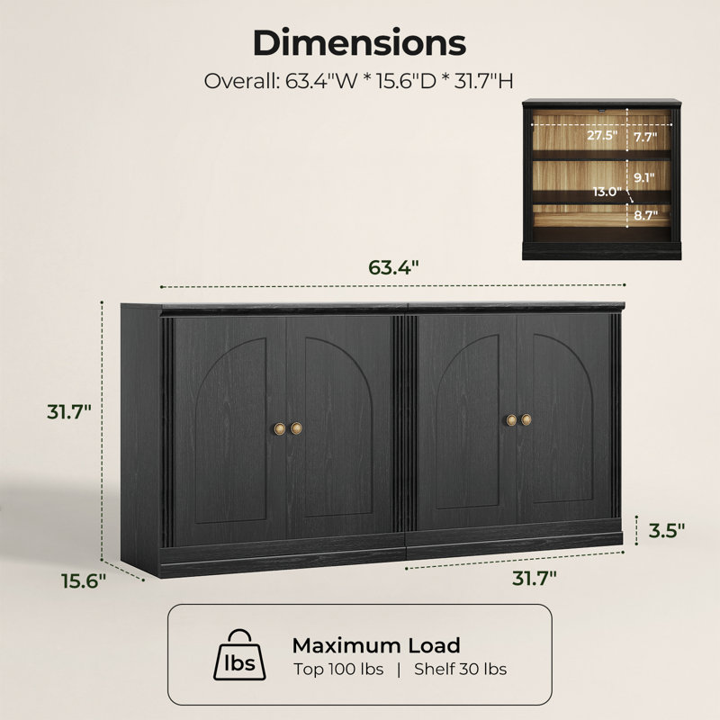 2-piece Low Storage Cabinet Set With Hinge Doors, Black, Black