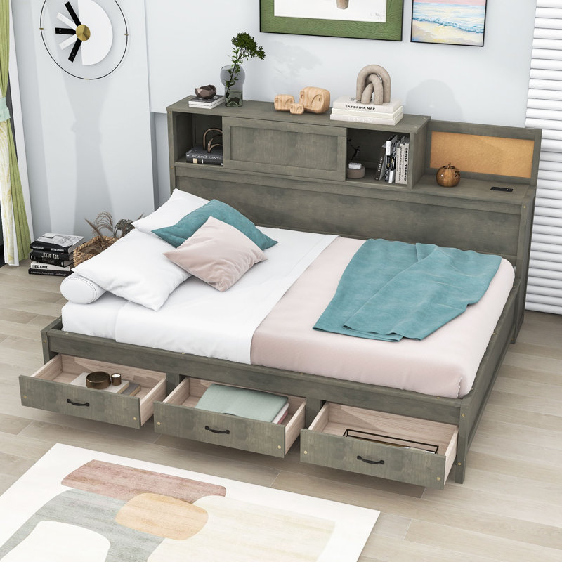 Auddis Wood Daybed with 3 Storage Drawers and Shelves, Gray, Full/Double