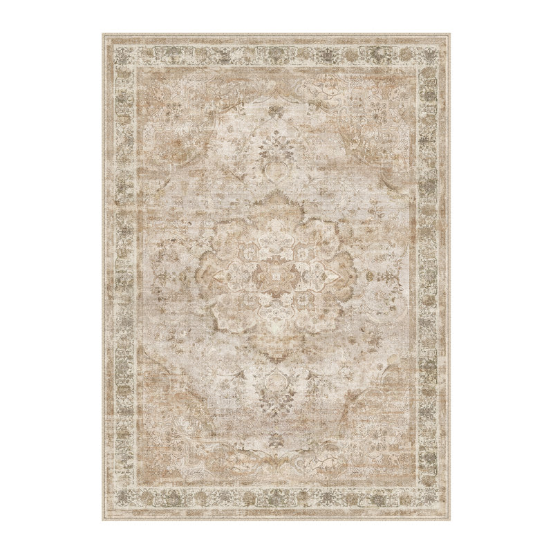 Vintage Distressed Medallion Washable Area Rug With Non-Slip Backing, Beige, Rectangle 5' x 7'