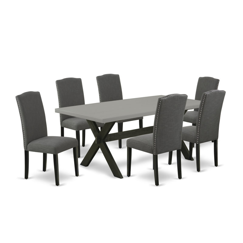 7 Piece Set Consist of a Rectangle Dining Table with X-Legs and 6 Dark Gotham Linen Fabric Upholstered Chairs, Wire brushed Black