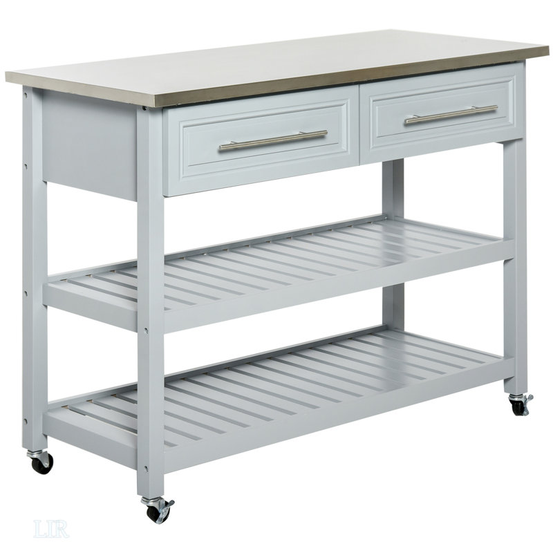 Îlot de cuisine avec plateau en acier inoxydable, îlot de cuisine traditionnel avec rangement, tablettes ouvertes à 2 niveaux, tiroirs, îlot de cuisine
