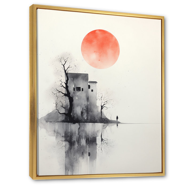 Serenity, pleine lune, aquarelle minimale, Cadre flottant doré, H 32 po x l 16 po x P 1 po