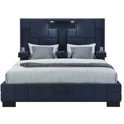 King Bed Of Navy Blue, Contemporary Design, Fold - Down , Central Wireless Charging And Led Lights Blue Panel With Built In Speakers, Modern Style