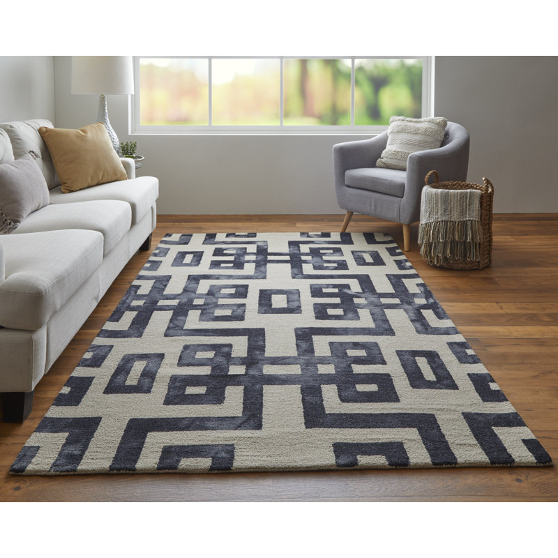 Tapis touffeté à la main ivoire et noir en laine 5 pi x 8 pi, Rectangle de 5 pi x 8 pi