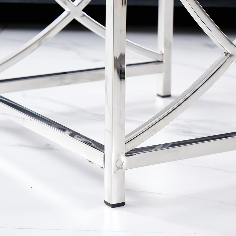 Darrie Stainless Steel Nesting Tables With Tempered Glass Top Set of 3 For Living Room (Curve), Chrome/Black Grey