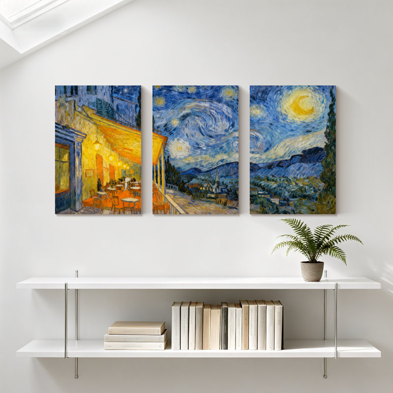 Abstrait nuit étoilée café terrasse paysage ensemble de 3 impressions d'art sur toile, H 24 po x l 48 po