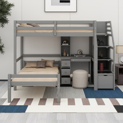 Lit mezzanine en bois avec lit autonome, escalier de rangement, bureau, tablettes et tiroirs