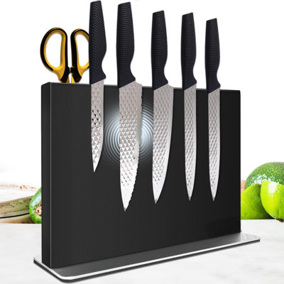 Porte-couteaux magnétique sans couteaux - Porte-couteaux magnétique double face en acier inoxydable noir avec aimants puissants, organisateur de rangement de couteaux pour comptoir de cuisine
