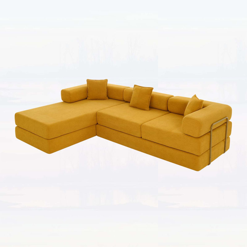 Canapé modulaire de 108 po avec méridienne en L et siège profond sans dossier pour un confort ultime, Yellow Corduroy, Yellow
