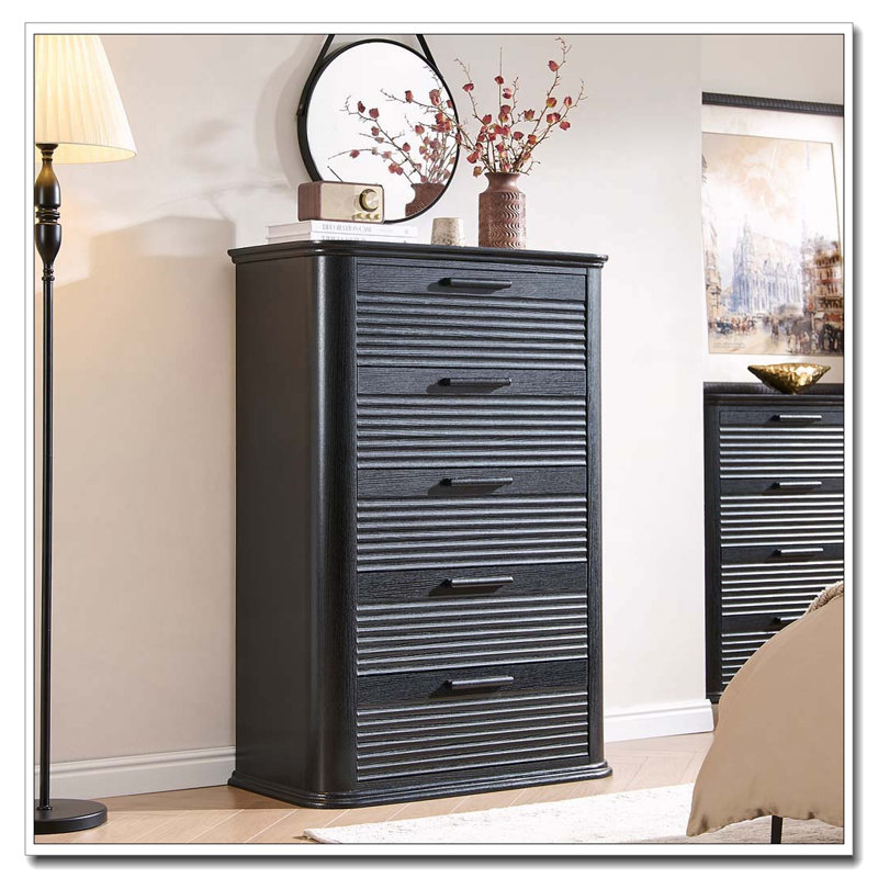 5 Drawers Dresser for Bedroom, 45" Tall Dresser with Curved Profile Design, Black Woodgrain