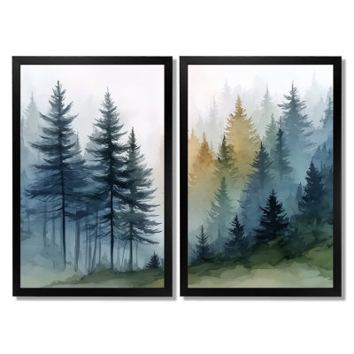 Morning Fog Pine Tree Mountain Trail - Pine Canvas Art, Blue Nature Wall Art 2 Piece