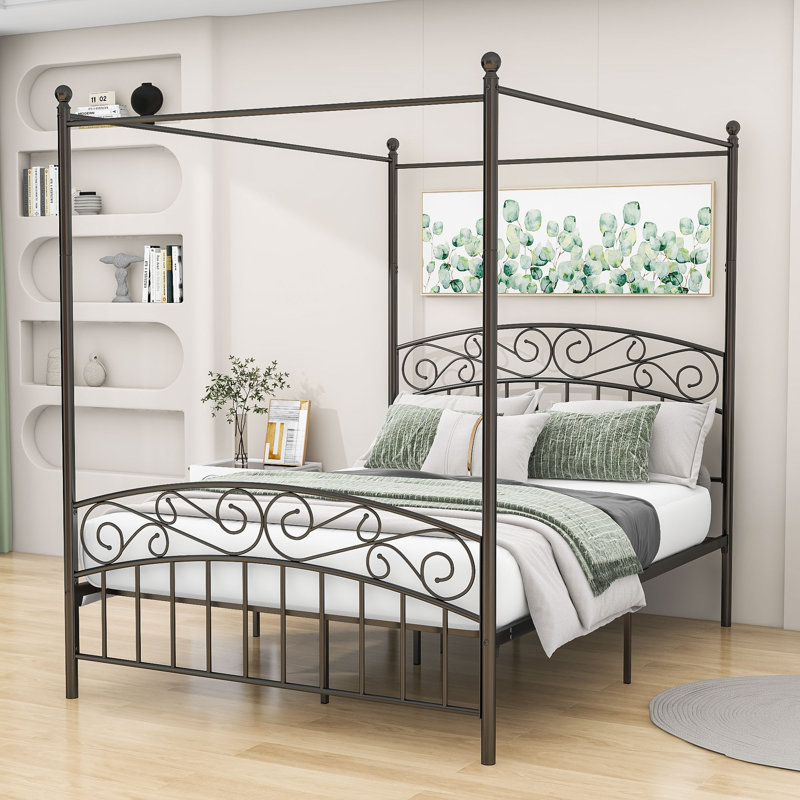 Ebrahima Metal Canopy Bed with Headboard, Queen, Black
