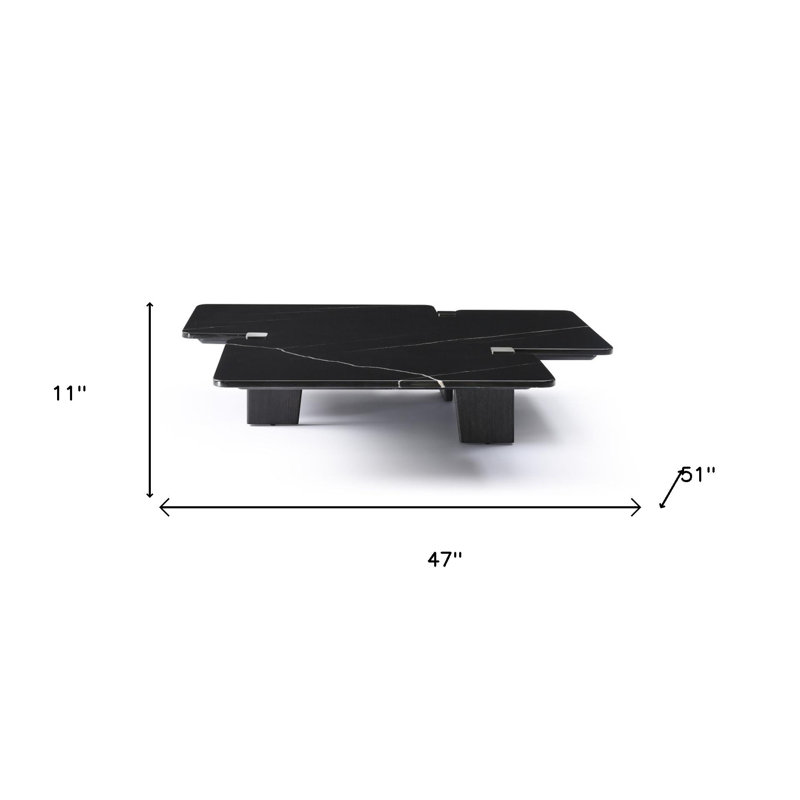 Table basse 47 "en marbre véritable noir et bois massif