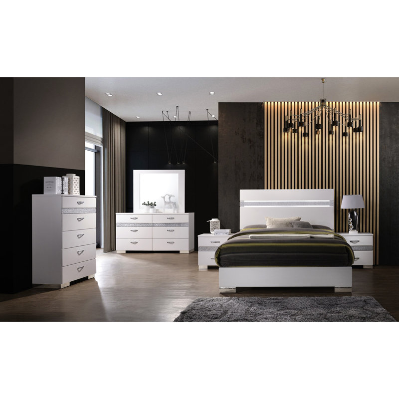 Grand lit chic blanc brillant avec compartiments de chambre fonctionnels pour l'organisation de panneaux contemporains en acrylique scintillant et de rangement supplémentaire