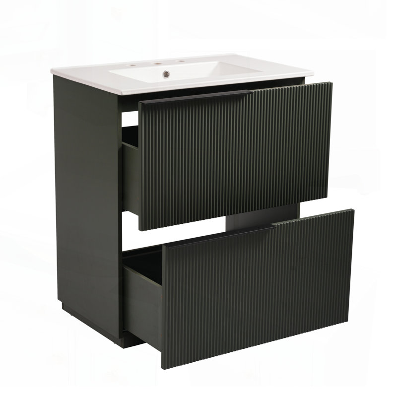Meuble-lavabo de 30 pouces avec lavabo en céramique, tiroirs à extension complète et conception cannelée pour salles de bain modernes