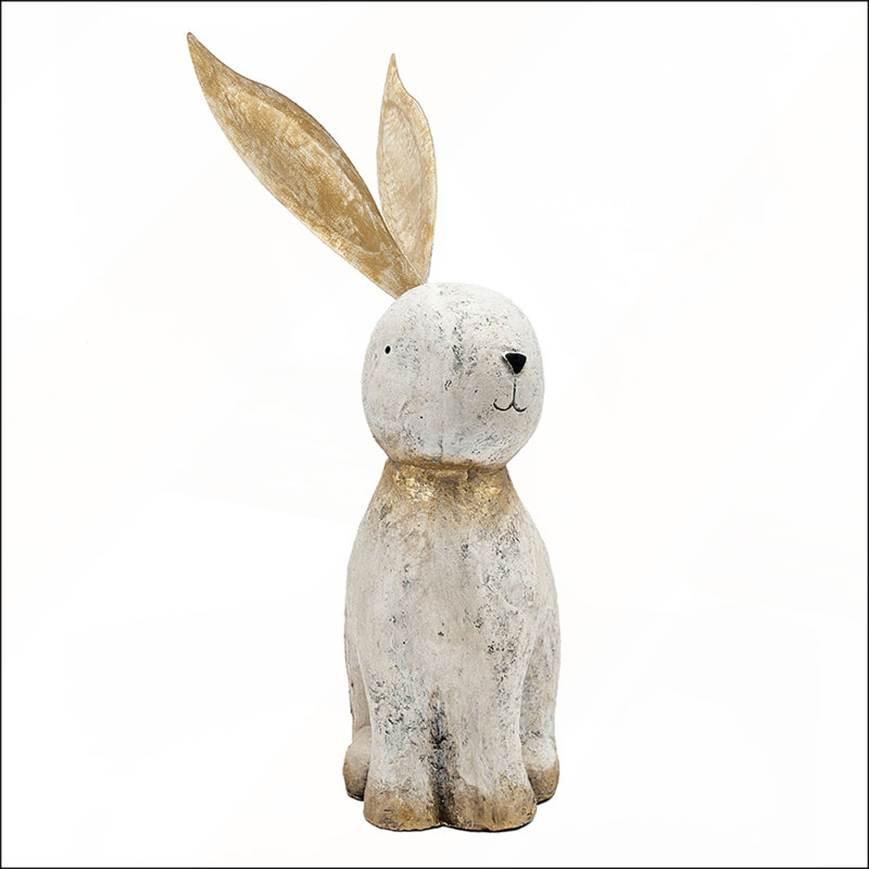 Figurine 13,8 x 6,1 x 20,9 pouces en forme de lapin en magnésium blanc avec oreilles en fer doré, parfaite pour la décoration intérieure et la présentation élégante