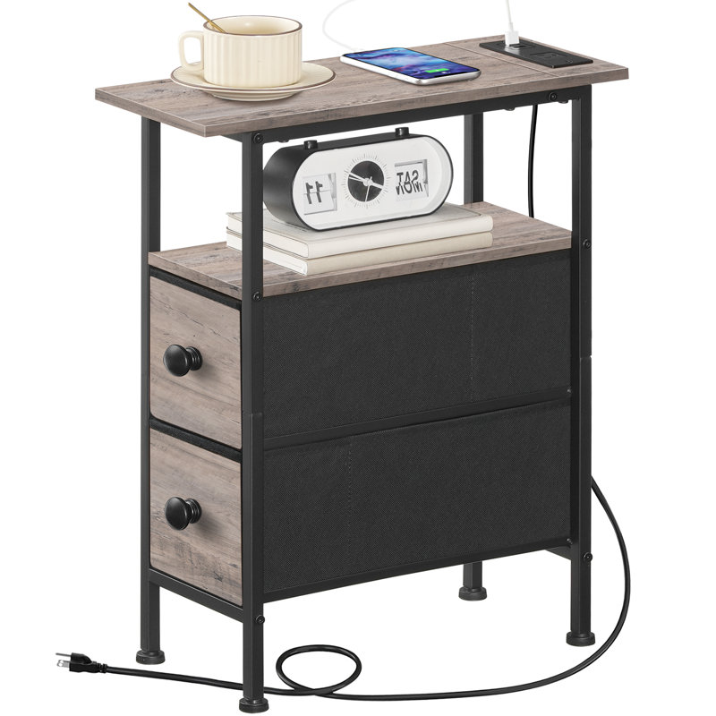 Narrow End Table with Charging Station, Gray/Black, 23.6" H x 18.9" L x 7.8" D