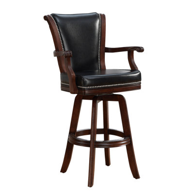 American Heritage Swivel Upholstered Counter Stool - Black Bonded Leather Seat with Arms, Full Back, Footrest & Brown Wood Frame