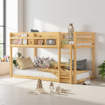 Low Bunk Bed, Floor Bunk Bed With Ladder, Solid Wood Construction For Kids & Juniors