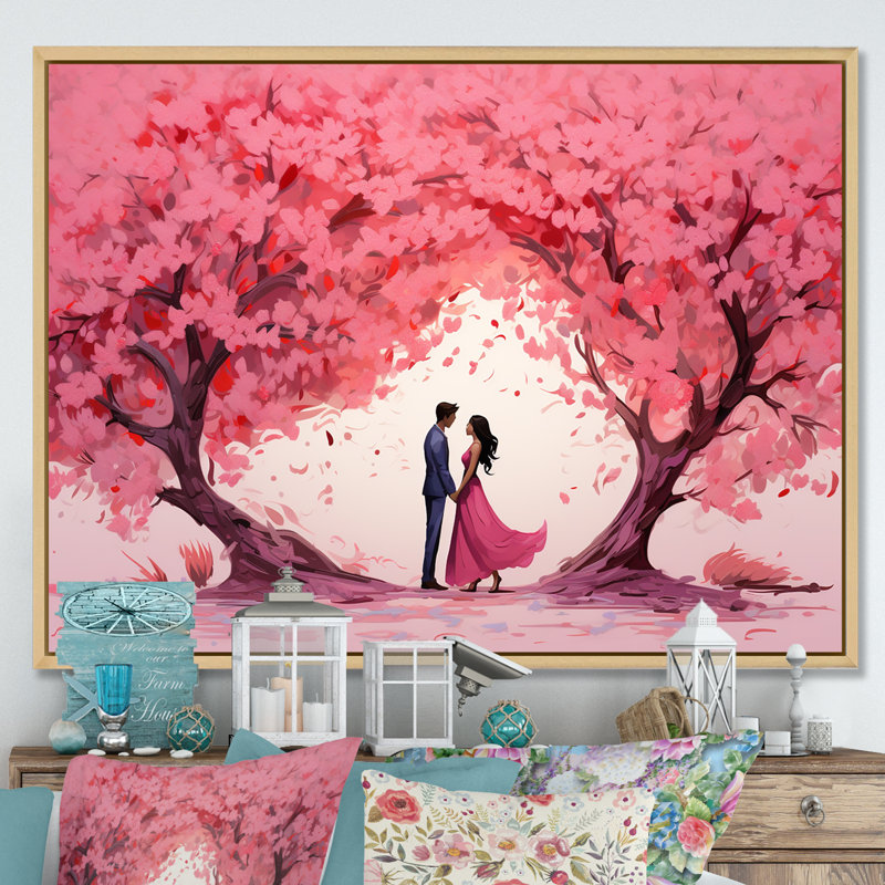 Couple Love Under The Tree II - Paysage romantique, art mural, Cadre flottant brun, H 34 po x l 44 po x P 1,5 po
