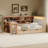 Full Size L-Shaped Wooden Daybed With Desk And Storage Bookcase, Corner Bed With Upholstered Headboard And Under-Bed Drawers And LED Light For For Bedroom Living Room-87632121-87632071