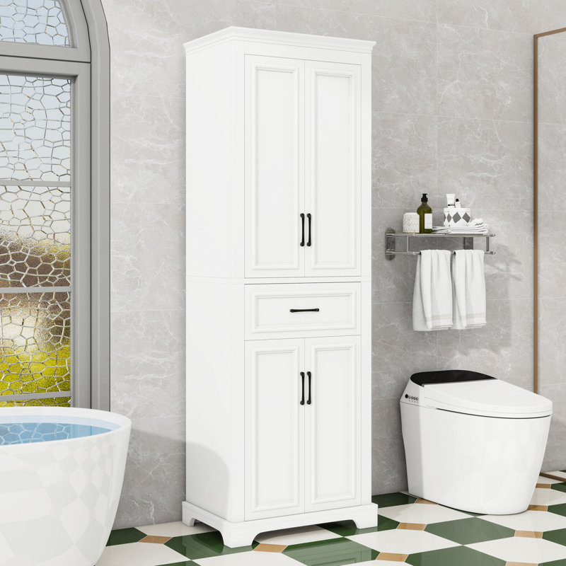 Freestanding Bathroom Storage Cabinet with Drawer, Adjustable Shelves and Damping Hinges, White