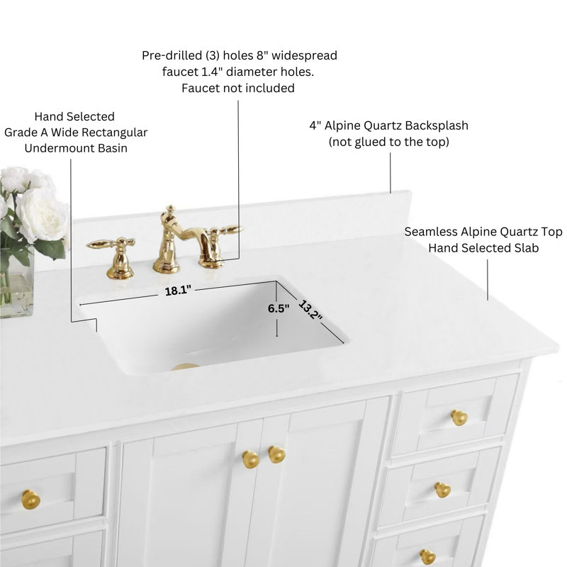 Audrey 84'' Free Standing Double Bathroom Vanity with Calacatta Quartz Top, White, Brushed Gold