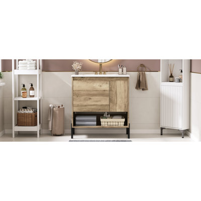 Meuble-lavabo moderne de 30 po avec comptoir en céramique, grande capacité de tiroir, porte, tablette ouverte, apparence de grain de bois, rangement à débordement, design,