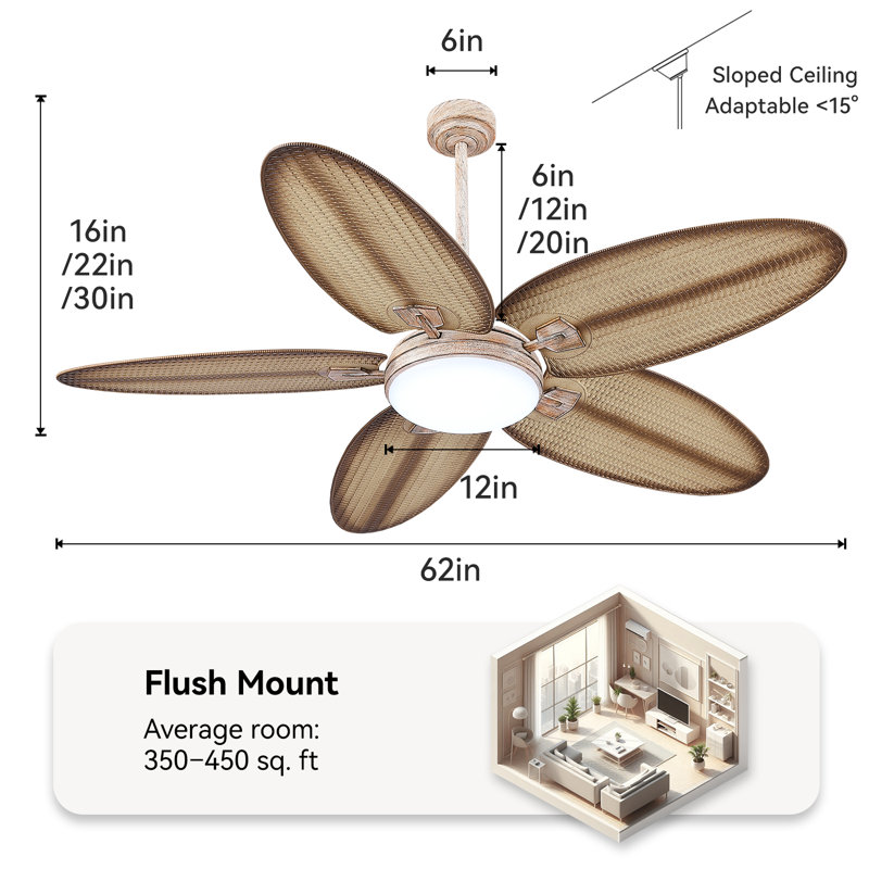 Ventilateur de plafond à feuilles tropicales 62 pouces avec lumière DEL et télécommande, moteur à courant continu à 6 vitesses et 3 tiges verticales