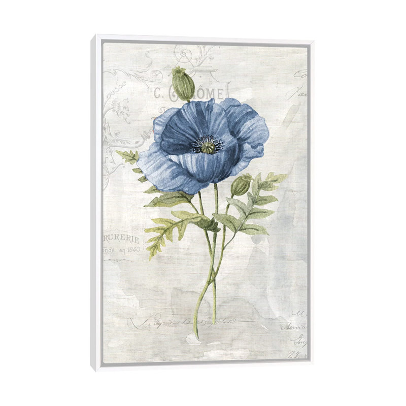 «Blue Linen Poppy» par Carol Robinson - reproduction d'art, Toile blanche encadrée, H 26 po x l 18 po x 1,5 po, Pas de tapis