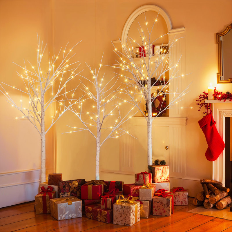 Ensemble de bouleau illuminé, arbre artificiel 4 lumières, 48 ​​lumières DEL / 5 pi 72 lumières DEL / 6 pi, 96 lumières DEL blanc chaud, arbre de Noël pour la décoration intérieure et extérieure