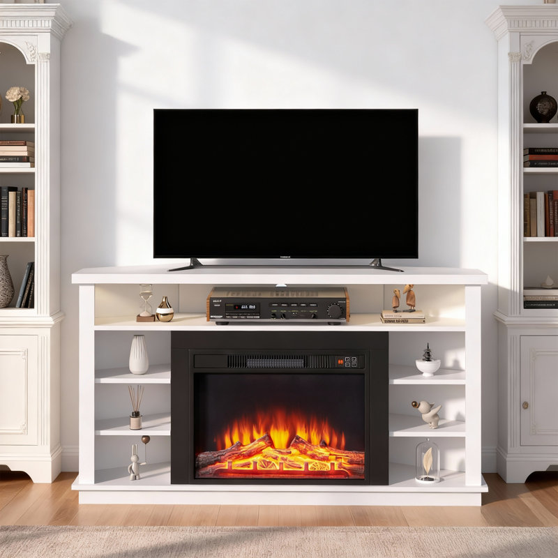  Meuble télé 53 po en coin pour téléviseur de 55 po et moins, meuble télé avec lumières DEL et tablettes réglables, console multimédia, blanc