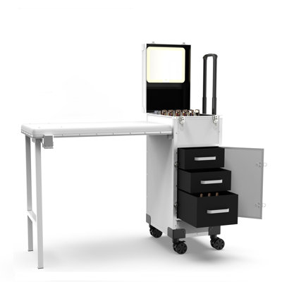Table de manucure roulante portable avec tringle, tiroirs, miroir et organisateur de vernis à ongles, trousse de maquillage verrouillable avec bureau à clous pliable