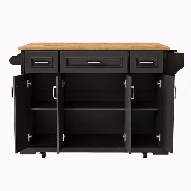 54Inch Large Kitchen Island With Rubber Wood Drop Leaf, Embossed Texture Rolling Kitchen Cart On 4 Wheels With 4 Doors And 3 Drawers, Kitchen Island With Storage For Kitchen, Dining Room