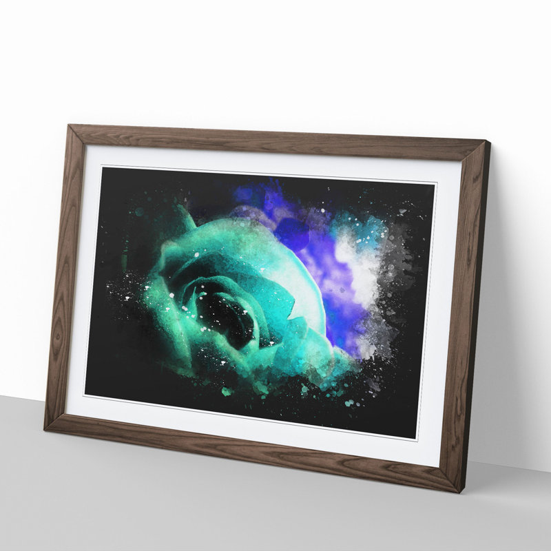 Teal Rose Flower - Picture Frame Painting, 27cm H x 36cm W x 2cm D, Walnut Framed
