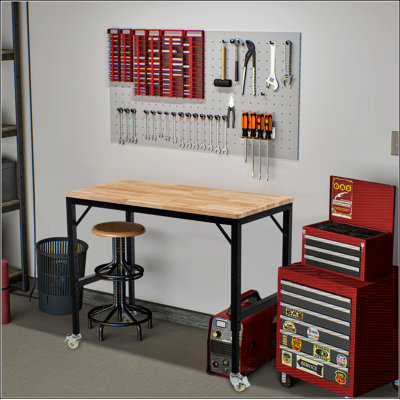 Établi robuste et réglable de 48 po pour le garage, table d'atelier en bois d'hévéa avec roues en métal, poste de travail en bois franc, capacité de poids de plus de 2 000 lb avec roues