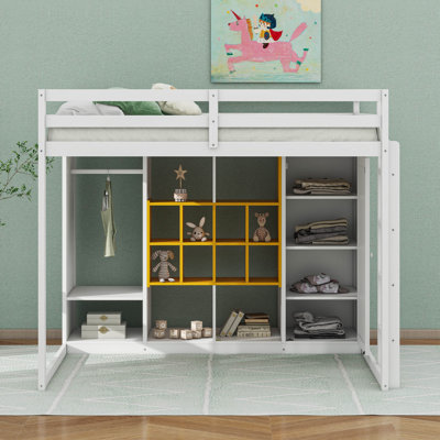  Lit mezzanine en bois avec garde-robe, tablettes de rangement et armoire