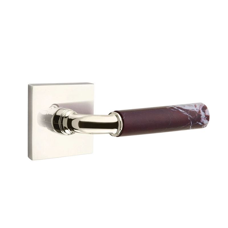 Ensemble de leviers de passage Emtek Select avec rosette carrée et tige R-Bar, levier en marbre Rosso Levanto, Gauche