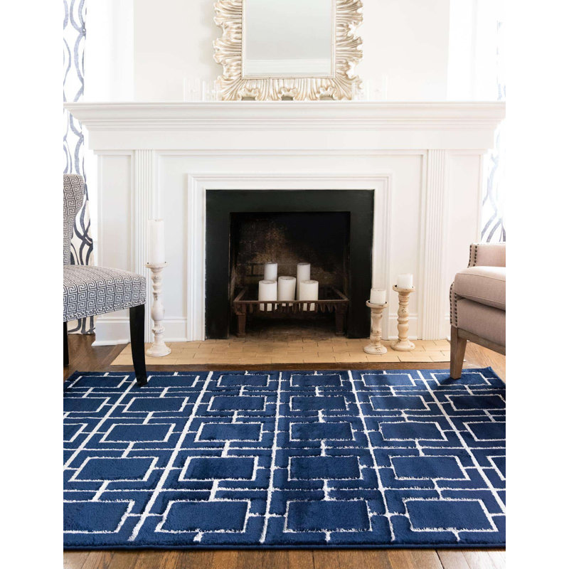 Glam Navy Blue Silver Area Rug, Rectangle 5'3" x 8'