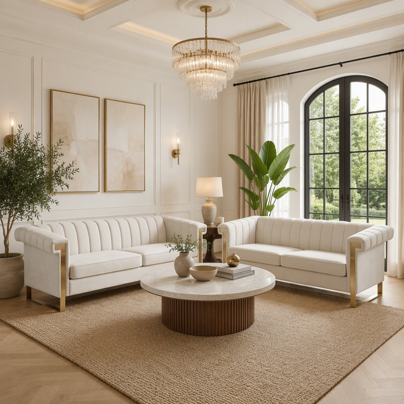 Ensemble de canapés 2 pièces en velours avec pattes en acier inoxydable doré, Cream Beige Velvet