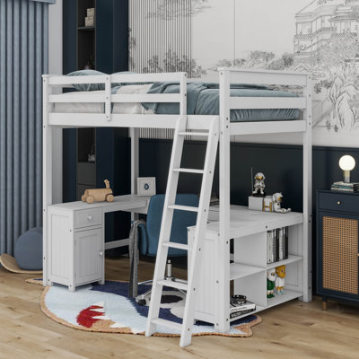 Full Size Loft Bed With U-Shaped Desk, Drawers And Shelves by Harriet Bee