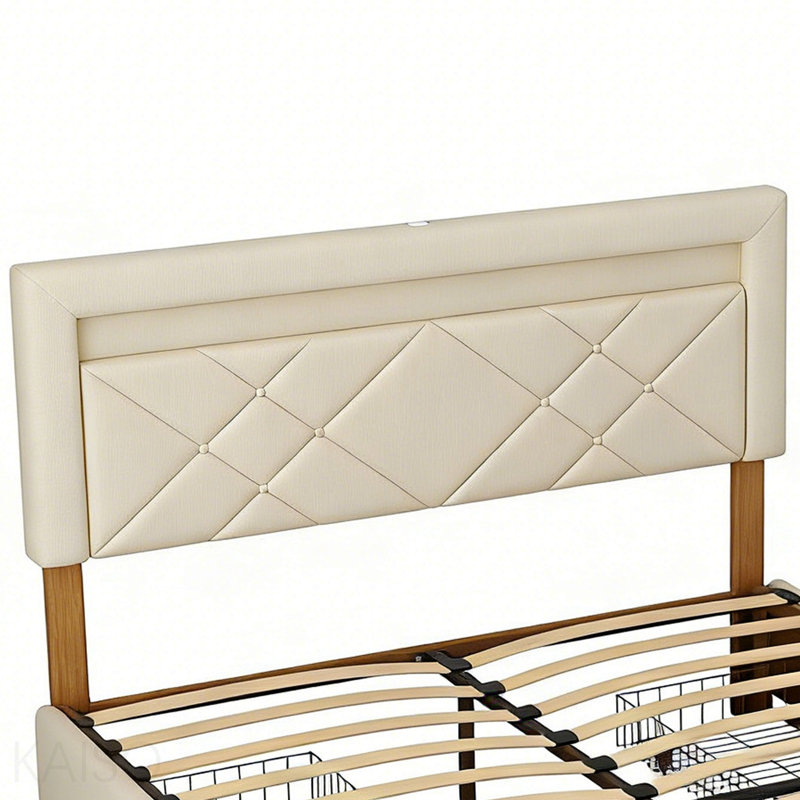 Très grand lit plateforme tapissier avec très grande tête de lit, lit plateforme de style simple rétro sans sommier, assemblage facile, ivoire