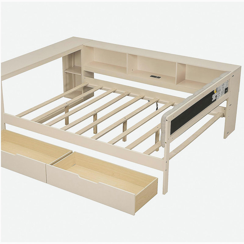 Lit plateforme en bois avec tablettes de rangement, tiroirs, station de charge et tête de lit rembourrée, Complet/Double