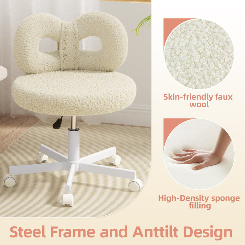 Vanity Chair with Wheels,Swivel Makeup Chair with Upholstered,Adjustable Height Chair for Makeup Room and Bedroom, White