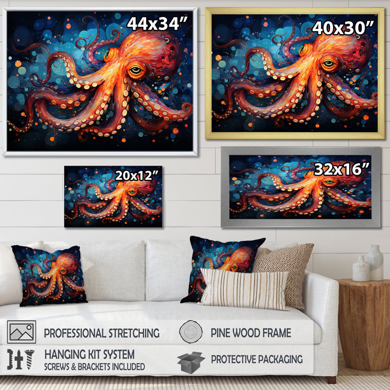 Octopus Expressionist Abyss I - Décoration murale pieuvre, H 24 po x l 32 po x P 1 po, Cadre simple blanc