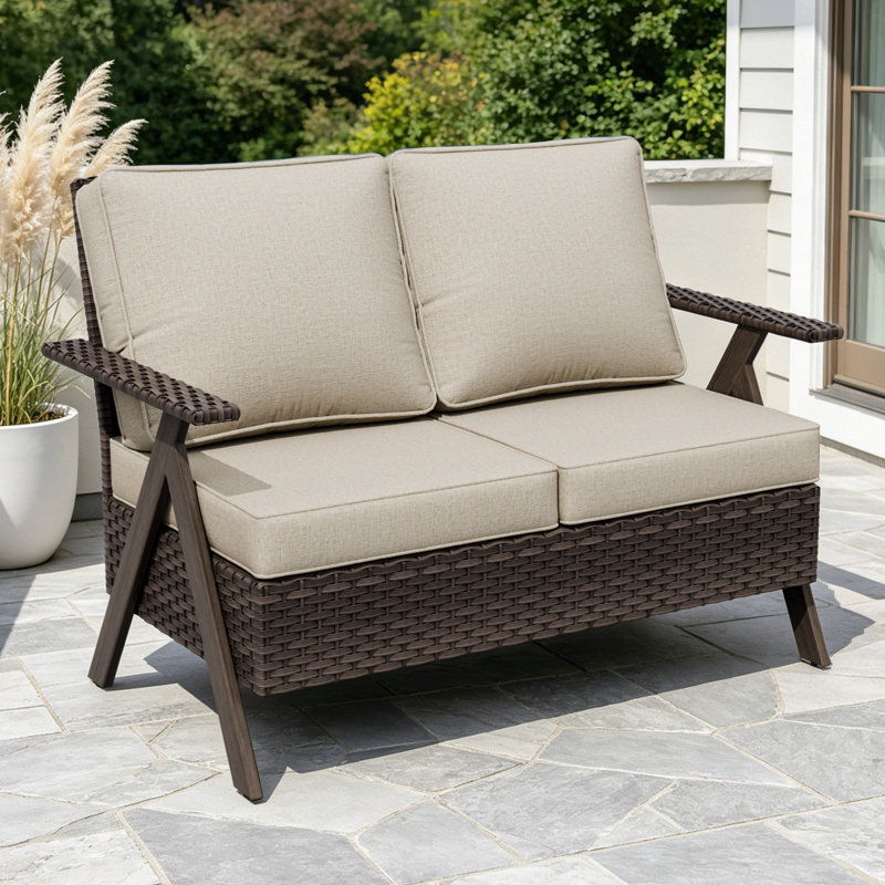 Causeuse de patio en osier toutes saisons à assise profonde avec structure en métal antirouille pour la cour, le jardin et la piscine