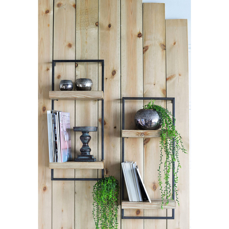 Tablette 12 x 6 x 27 po en fer et en bois pour la maison, aspect industriel avec deux tablettes