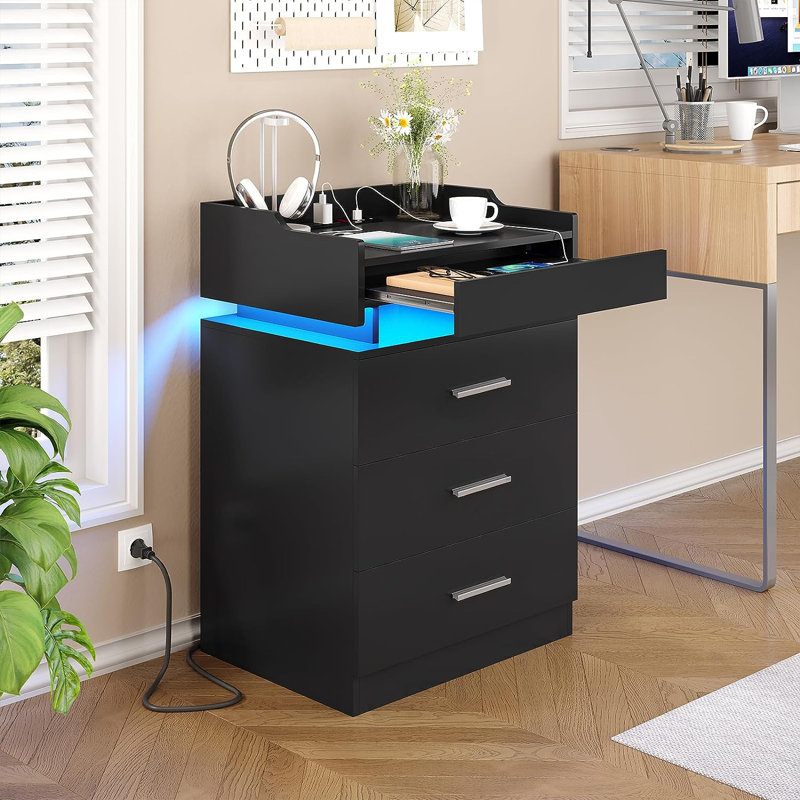 Hellstrom 3 - Drawer Nightstand-Nightstand with Charging Station and LED Light,Pull-Out Shelf,USB Ports and Outlets, Black