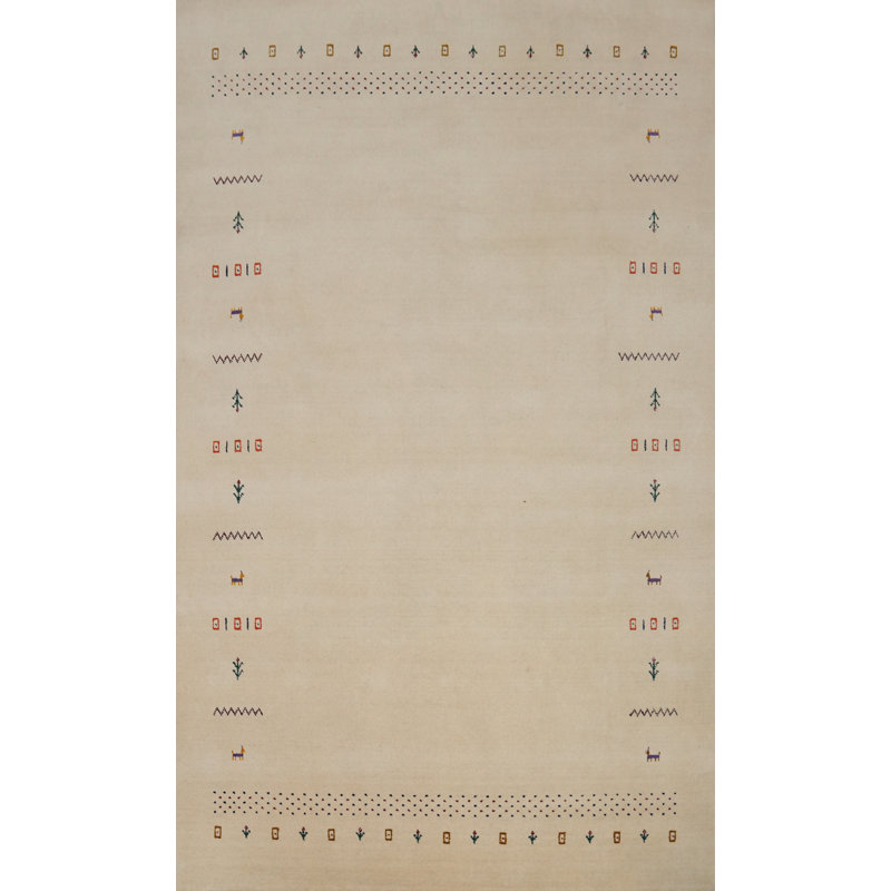 Tapis beige en laine fabriqué à la main de style Gabbeh 7 x 10