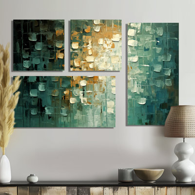 Celebration Of Possiblity Retro Gold Dark Teal III - Abstract Painting Wall Decor 4 Pieces